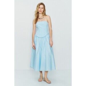 Toccin Light Blue Corset Midi Dress Strapless Structured Fit & Flare Pleated S 8